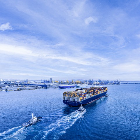 Container ship carrying shipping containers near a large cargo port