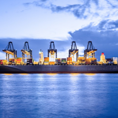 Container ship being loaded with shipping containers by cranes at a cargo port
